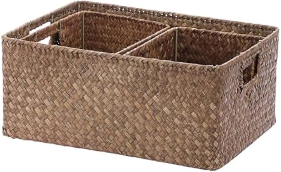 3-delige geweven zeegras-mandset rotanmand met handvat natuurlijke gevlochten plankmand voor het organiseren van speelgoed kleding fruit voor kledingkast en woonkamer
