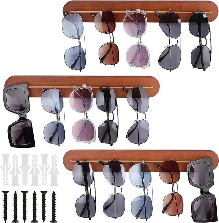 Allecto Plus Houten Zonnebrillenrek Stijlvolle Muurbevestiging voor Oogmode Decoratieve Organizer voor Entree en Woonkamer Ruimte voor 15 Brillen