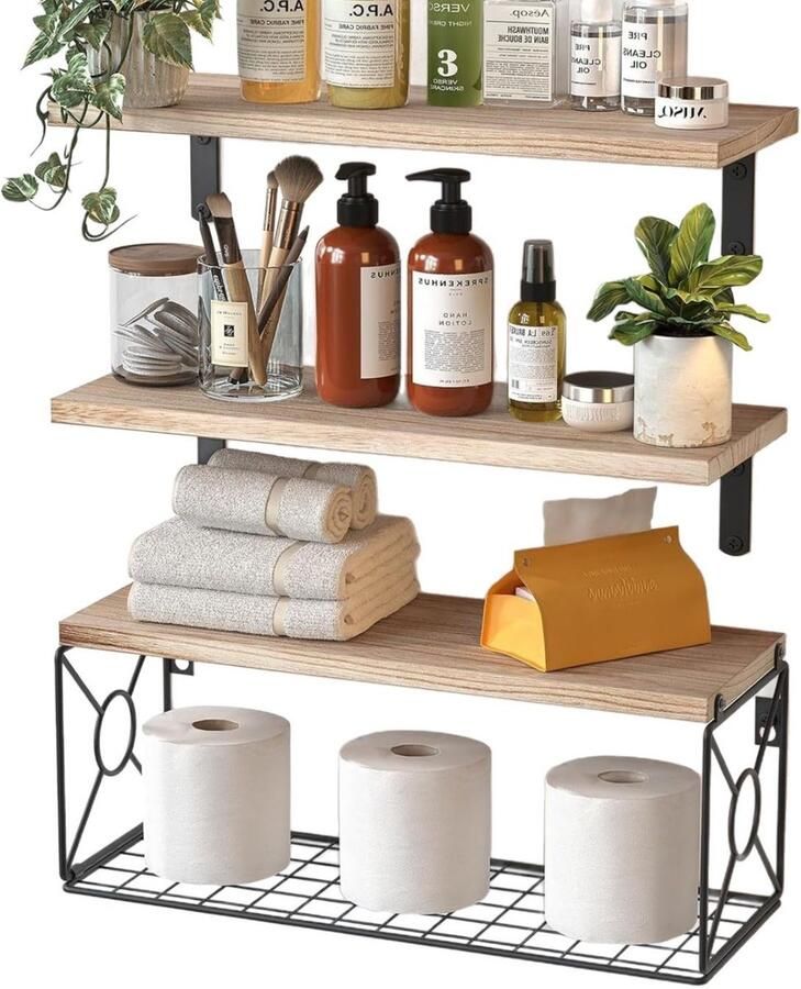 3-delige houten wandplank met draadmand badkamerplank wandplanken set van 3 (landelijke stijl)