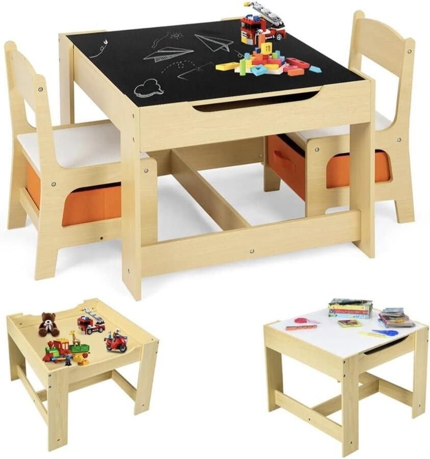 3-delige kinderzitgroep kindertafel met 2 stoelen kinderbureau met lades houten kindertafelgroep kinderschildertafel met bord woonkamer