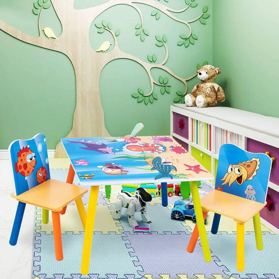 3-delige kinderzitgroep kindertafel met 2 stoelen zitgroep voor kinderen kleuters kindermeubel oceaan bedrukte kindertafel set