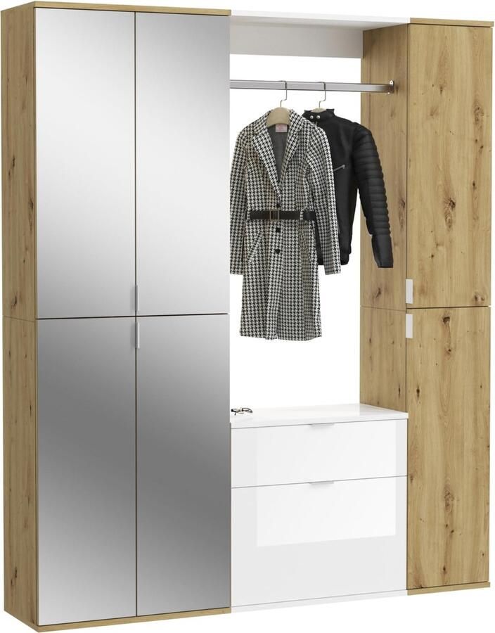 Rootz Living Rootz 3-delige kledingkastcombinatie Artisan Oak Nb. Hoogglans wit Spiegelglas Royale opbergruimte 152 cm x 193 cm x 34 cm