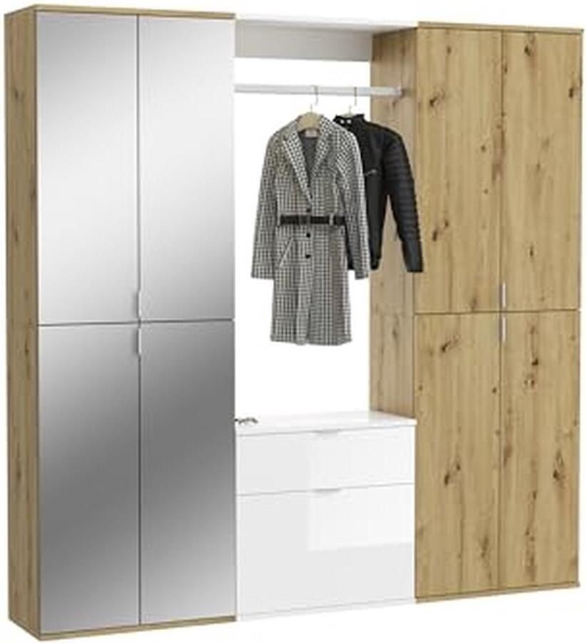 Rootz Living Rootz 3-delige kledingkastcombinatie Artisan Oak Nb. Wit Hoogglans Spiegelglas Ruime opbergruimte 183cm x 193cm x 34cm