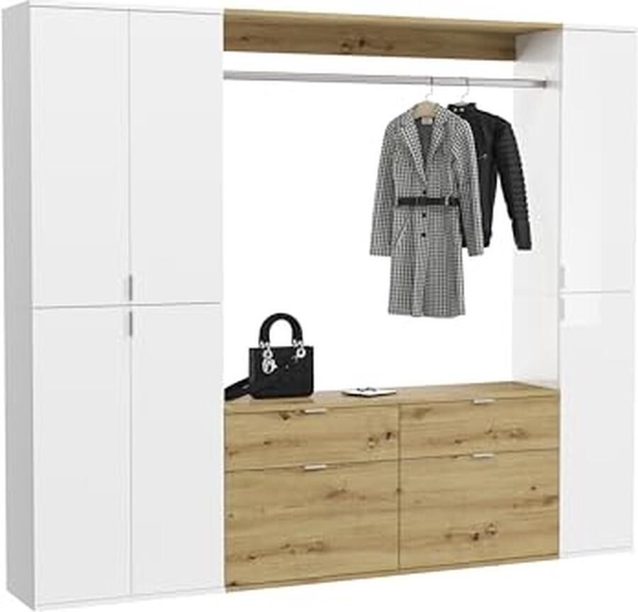 Rootz Living Rootz 3-delige kledingkastcombinatie kastensysteem kledingkastset witte glanzende afwerking ambachtelijk eiken 212 cm x 193 cm x 34 cm