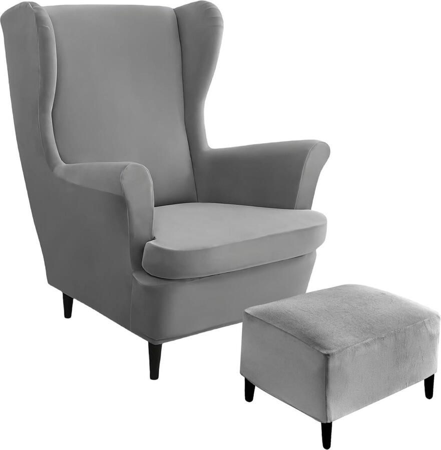 3-delige oorfauteuilhoes hoge rugleuning donkergrijs stoelbekleding oorstoel stretch voetenbankhoes tijgerstoelhoes met armleuning