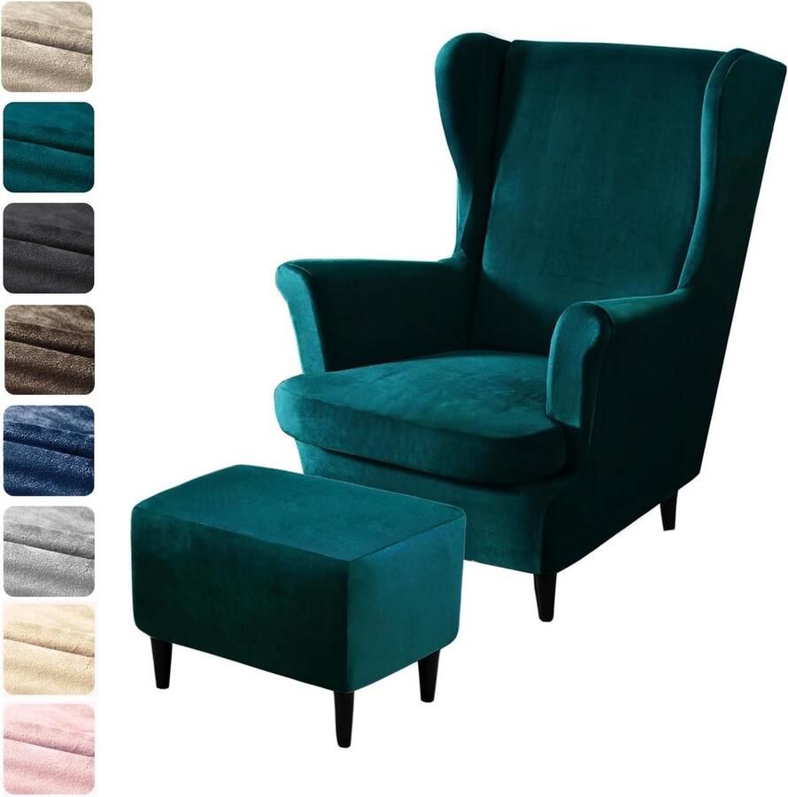 3-delige oorfauteuilhoes met voetenbankhoes en tijgerprint stretch fluwelen stoelovertrek elastisch effen stoelhoes met armleuning hoge rugleuning turquoise