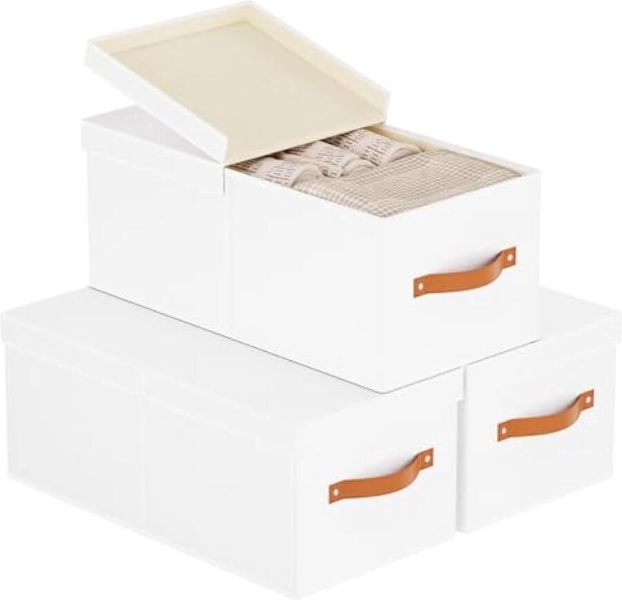 3-delige opbergmand voor kleedkamer opvouwbare stoffen doos met afneembaar deksel en 2 handgrepen kledingrek voor het organiseren van planken kasten 33 x 23 x 14 cm wit