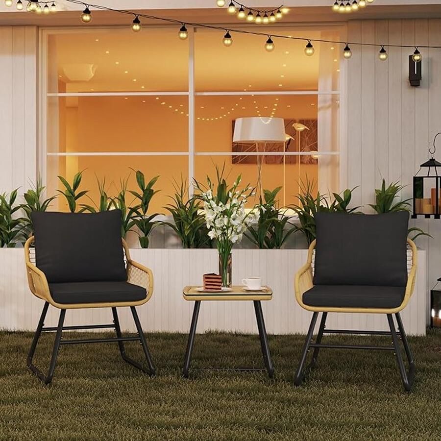 3-delige Polyrotan Bistroset Bistrotafel met 2 Stoelen Tuin- en Balkonmeubels Geschikt voor Outdoor (Lichtbruin Zwart)