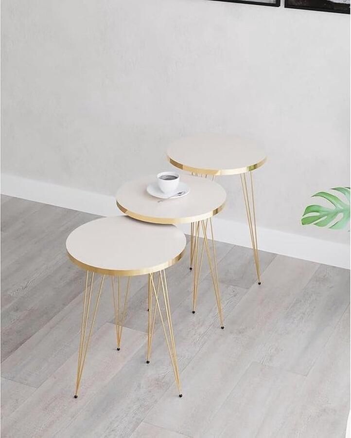 3-delige set Bijzettafel salontafelset goudlook ronde tafel moderne salontafel woonkamer elegante bijzettafel kleine tafels gouden meubels (crème)