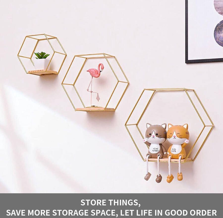 3-delige set hexagon wandrek hangrek metaal en hout zwevend rek wandopbergrek organizer voor keukenrek badkamer slaapkamer wanddecoratie (goud)