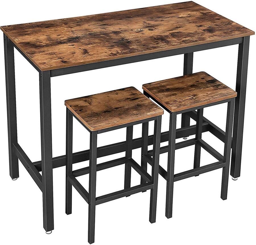 3-delige tafel- en krukkenset met een stevige en duurzame tafel van 120 x 60 x 90 cm met metalen frame en twee krukken van 40 x 30 x 65 cm elk met een draagvermogen van 100 kg. Stapelbaar ontwerp om ruimte te besparen bruin+zwart