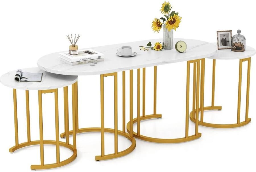 3-delige tafelset – Stapelbare salontafels met kunstmarmeren blad en wit metalen frame