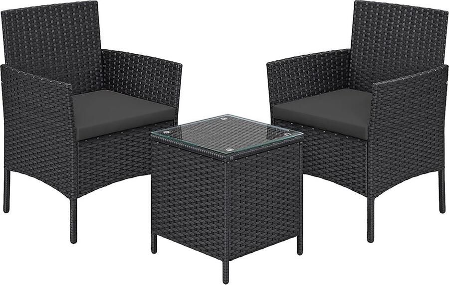 Rootz Living Rootz 5-delige tuinmeubelset terrasset rotanstoelen gegalvaniseerd metalen frame tafel van gehard glas VFT-kussens weerbestendig lichtgewicht eenvoudige montage 56 5 cm x 54 5 cm x 81 5 cm