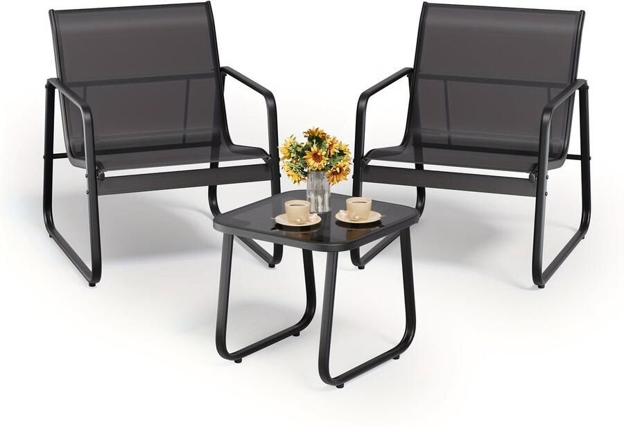 3-Delige Tuinset – Bistroset – Balkonset – Tuinmeubelset – Terrasset – Metalen Frame – Glas Tafelblad – Comfortabele Gebogen Rugleuning – Ademend Teslin Bekleding – Zwart