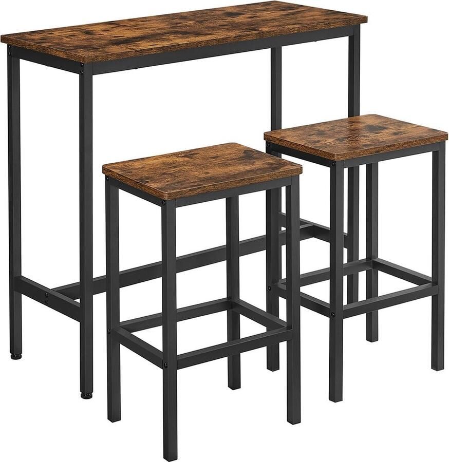 Rootz Living Rootz 3-delige vintage bruin-zwarte bartafelset spaanplaatstaal pubtafel tafel op toonbankhoogte keukentafel 100 cm x 40 cm x 90 cm