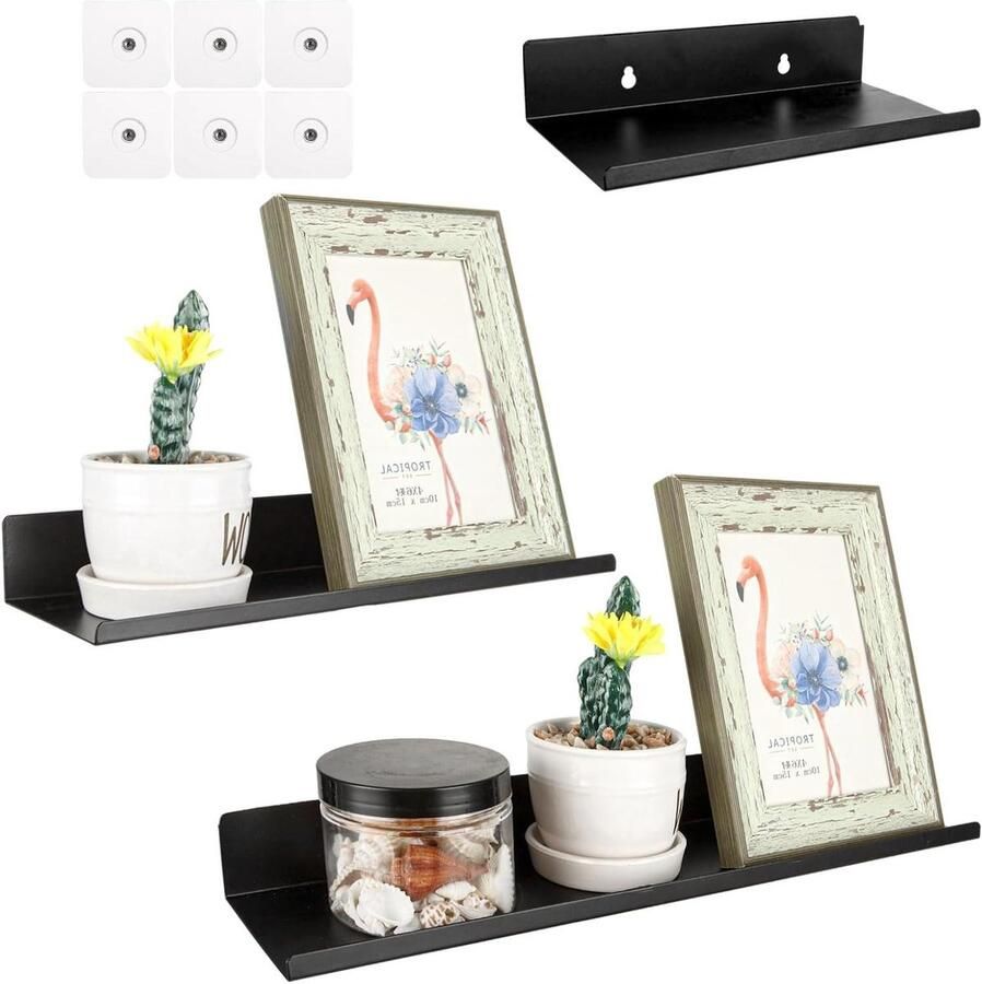Allecto Plus Wandplank Set Zwart Metaal 3 Stuks 40 30 20 cm Foto Houder Zwevende Plank Voor Kantoor en Woonkamer
