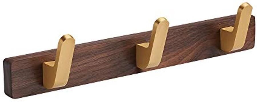 3-Haak Wandgemonteerde Kapstok met Gouden Haak voor Badkamer en Keuken Walnoot Houten Basis