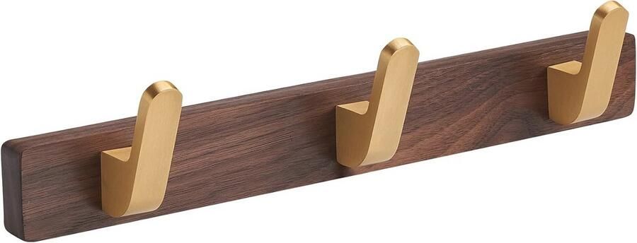 Wandkapstok met haken Houten kapstok Opbergen en ordenen Gouden zinklegering 30cm 3 haken Walnoot bruin