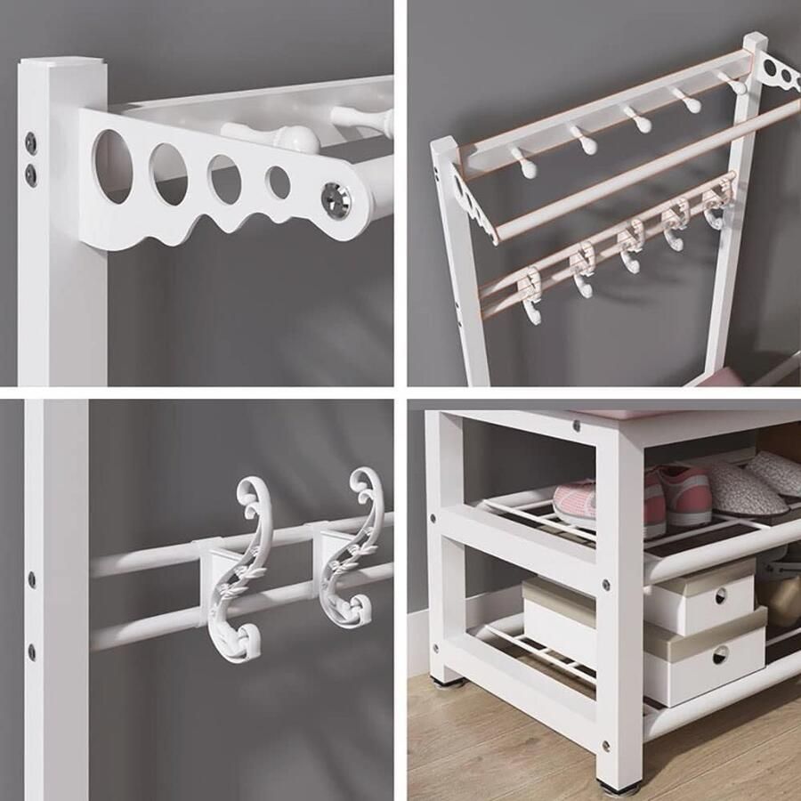 3-in-1 entree kapstok en schoenenbank met metalen frame Halmeubel met 10 haken en opbergbank Organizer voor de hal in grijs (80 x 33 x 170 cm)