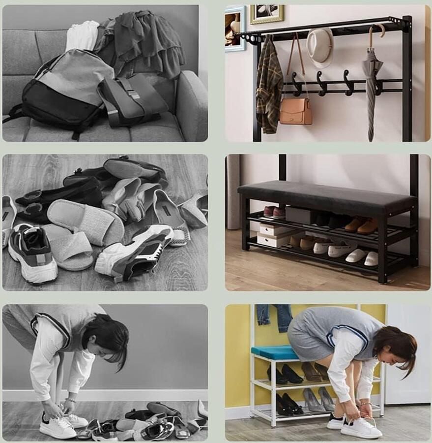 3-in-1 Entryway kapstok schoenenbank hal boom met opbergbank en kapstokken entree opslag plank organizer met 10 haken accentmeubilair met metalen frame (zwart) 100 x 33 x 172 cm kapschuur