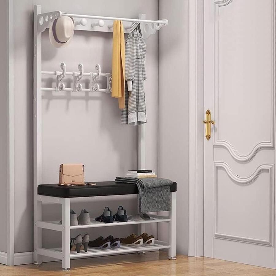 3-in-1 Entryway kapstok schoenenbank hal boom met opbergbank en kapstokken entree opslag plank organizer met 10 haken accentmeubilair met metalen frame (zwart) 100 x 33 x 172 cm kapschuur - Foto 2