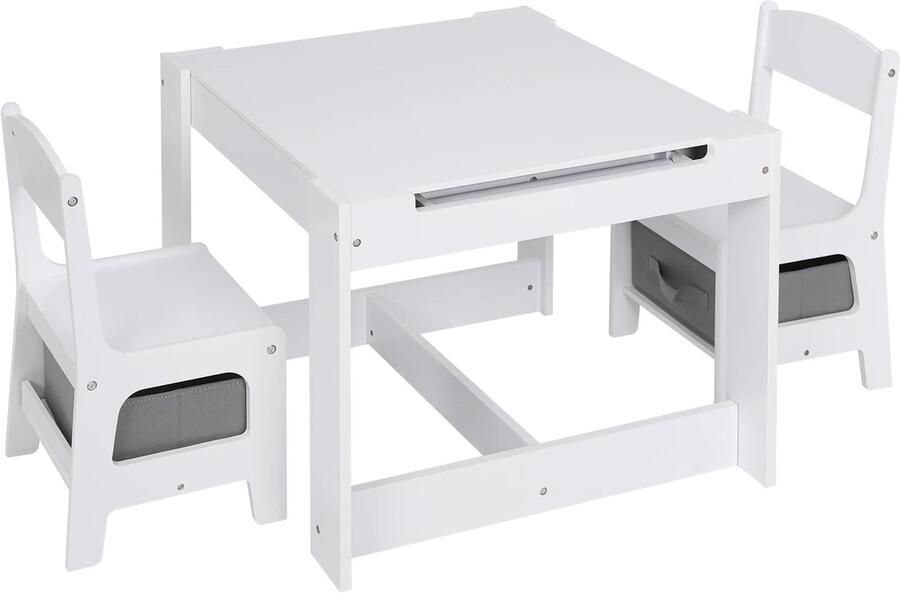 3-in-1 Kindertafel en Stoelen Set – Omkeerbaar Tafelblad Inclusief Opberglades Tekenpapierrol – Houten Speeltafel voor Peuters & Kleuters 63x63x51cm Wit