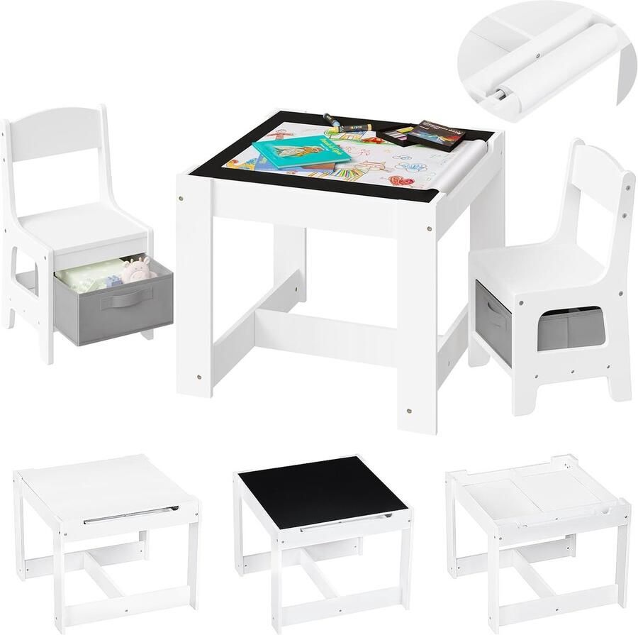 3-in-1 Kindertafel met 2 Stoelen – Activiteitentafel met Opberglade Krijtbord en Afneembare Papierrol – Wit
