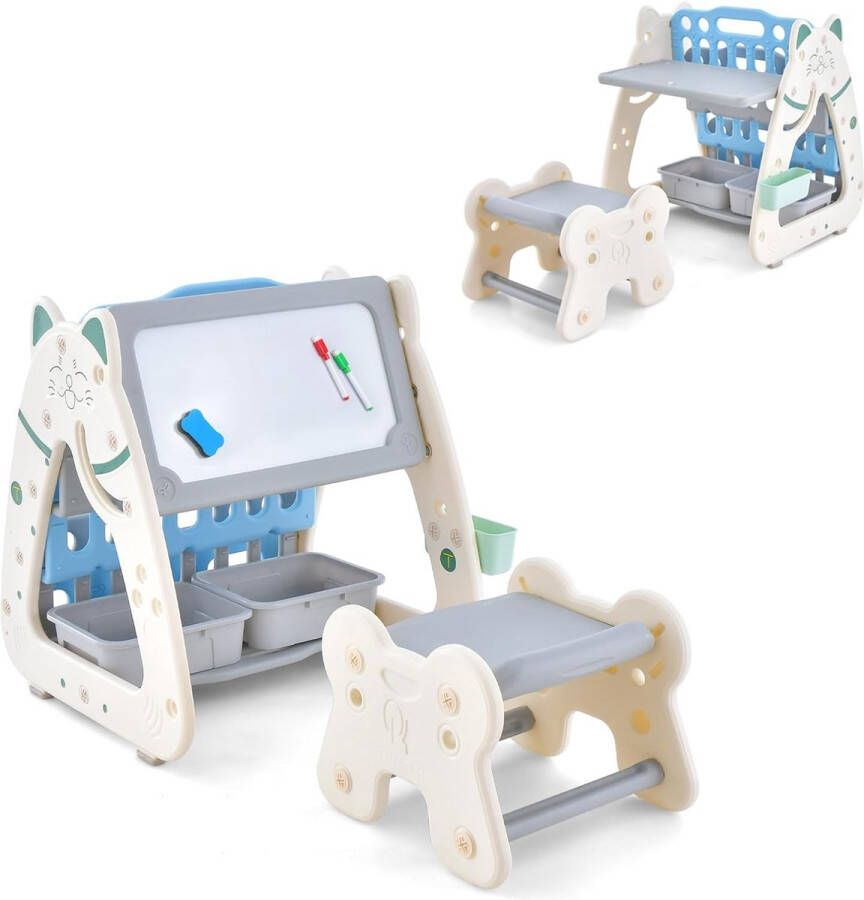 3-in-1 kinderzitgroep & tafel & boekenkast met 3 opbergdozen incl. kruk en schilderaccessoires voor kinderen van 1-5 jaar (grijs + blauw)