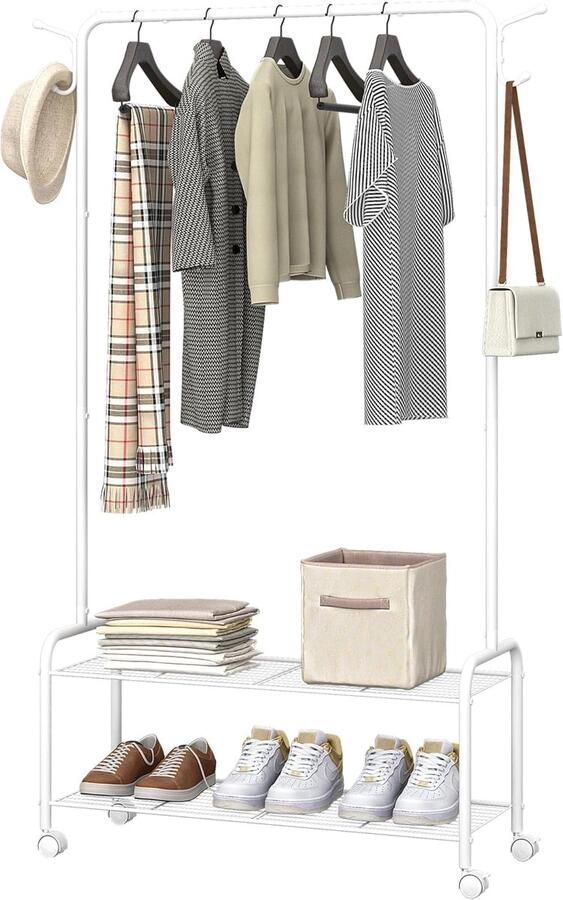 3-in-1 kledingrek met 2 opbergniveaus en 4 tashaken – Verrijdbaar met 4 wielen – Wit EGR07416WV1