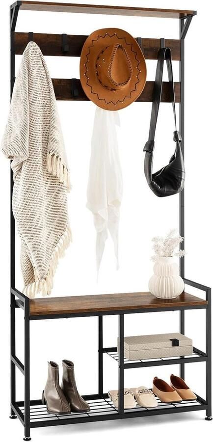 3-in-1 opbergbank kapstok industriële halboom met opbergplank en 9 haken bruin kapschuur