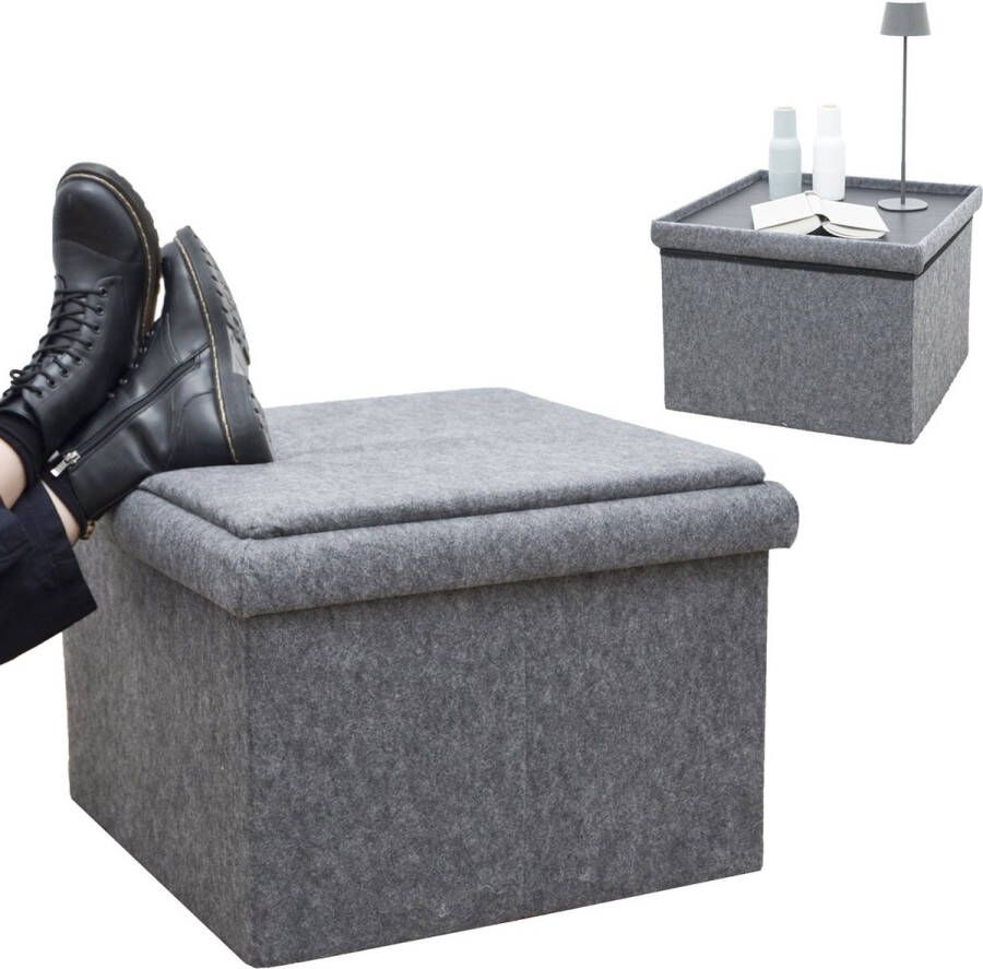 DuneDesign 3-in-1 Vilten Poef met Opbergruimte & Dienblad 56x56x40 Bankenkruk Bijzetkruk Zitkist Zitkruk