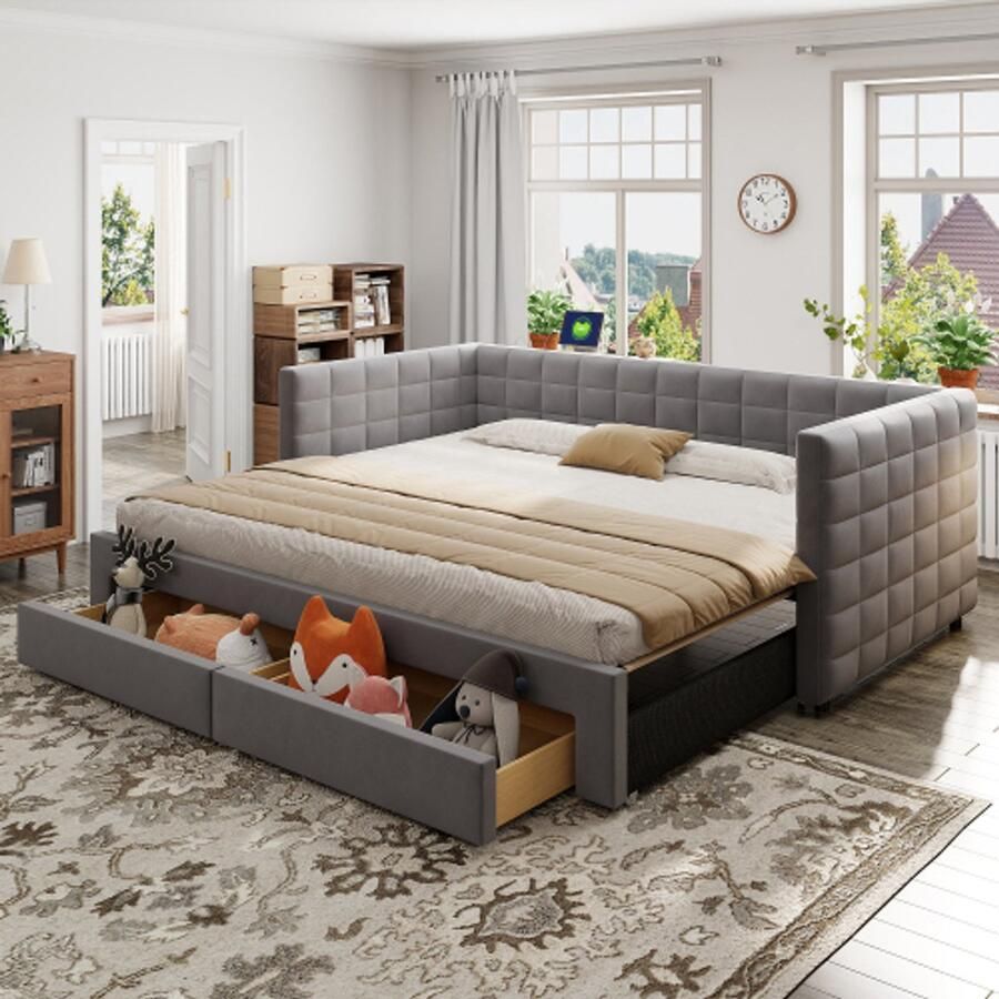 3-in-1 slaapbank met bekleding uitschuifbaar 90 x 190 cm multifunctioneel bed met lades om te bouwen tot eenpersoons- tweepersoonsbed met lattenbodem katoen en linnen grijs (matras niet inbegrepen)