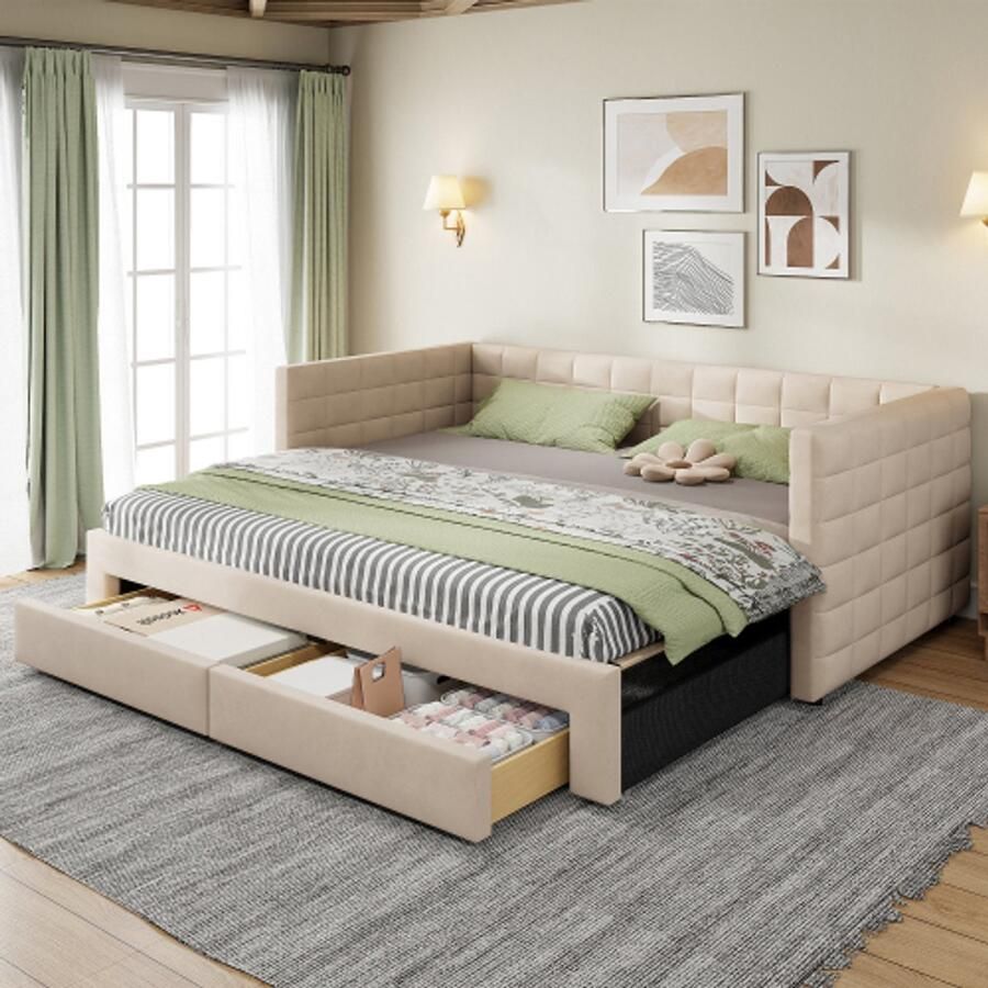 3-in-1 slaapbank met bekleding uitschuifbaar 90 x 190 cm multifunctioneel bed met lades om te bouwen tot eenpersoons- tweepersoonsbed met lattenbodem katoen en linnen beige (matras niet inbegrepen)
