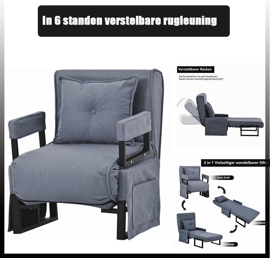 3-in-1 slaapbank voor één persoon slaapstoel binnen fauteuil converteerbare chaise lounge opvouwbare fauteuil met kussen gevoerd luie bed vrijetijdsfauteuil voor thuiskantoor