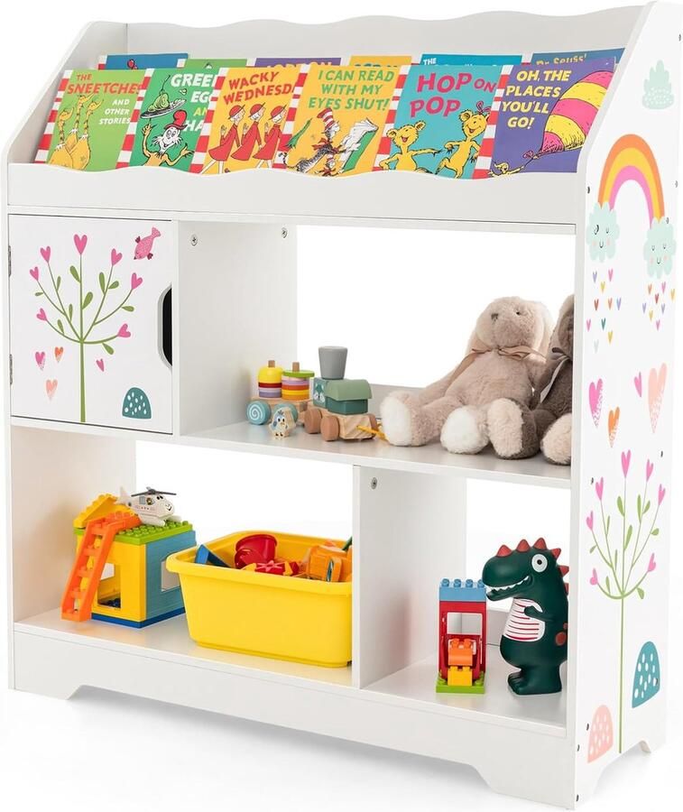 3-in-1 speelgoedrek 3 etages kinderrek met opbergvakken en deur speelgoedorganizer boekenrek voor speelkamer woonkamer kleuterschool 93 x 30 x 100 cm (wit)