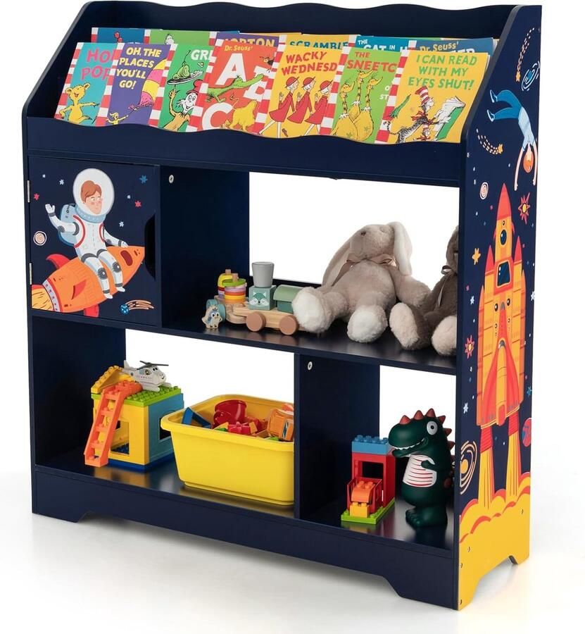 3-in-1 speelgoedrek 3 etages kinderrek met opbergvakken en deur speelgoedorganizer boekenrek voor speelkamer woonkamer kleuterschool 93 x 30 x 100 cm (blauw)