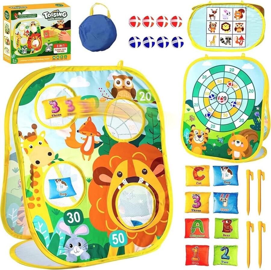 3-in-1 Zitzak Werpspeelgoed en Spellen voor Kinderen Maïsgatspel Veilig Dartspel en Tic Tac Toe Ideaal voor Binnen en Buiten