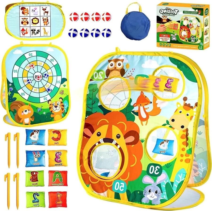 3-in-1 Zitzak Werpspeelgoed Leeuwenbos-thema Opvouwbaar Maïsgatspel Veiligheidsdartspel en Tic Tac Toe-spel voor Jongens en Meisjes Indoor Outdoor Tuinfeest