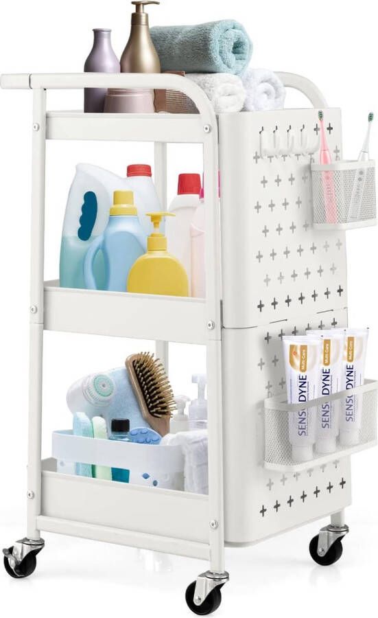 3-Laag Rolkar Opbergwagen met Dubbele DIY Gaatjeswand 2 Manden 4 Hangende Haken Kunst Ambachtwagen met Handvat & Vergrendelbare Wielen voor Keuken Garage Kantoor (Wit)