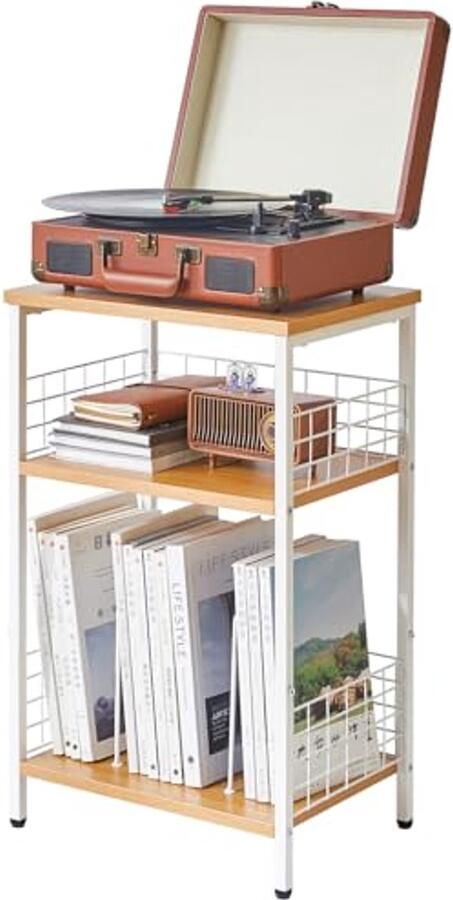 3-laags bijzettafel met opslag voor platenspeler – Multifunctioneel displayrek voor woonkamer en slaapkamer
