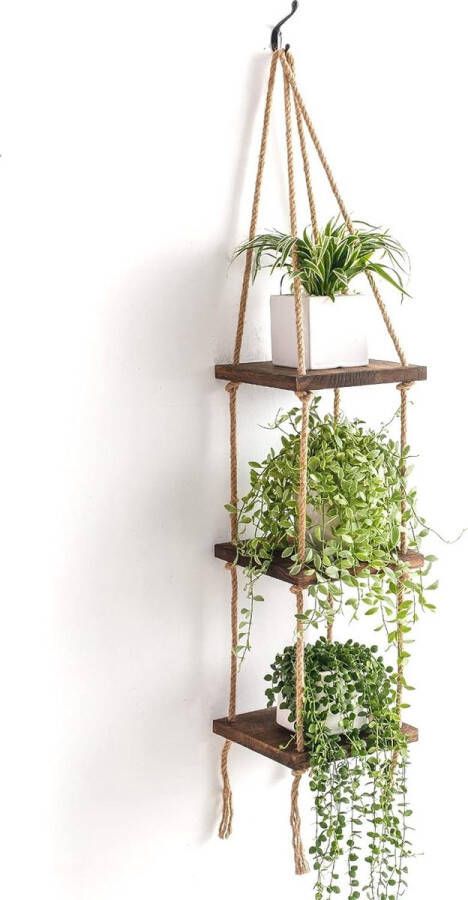 3-laags bruin hangende plank houten plank wanddecoratie display & opslag plantenplank wandplank zwevende plank voor woonkamer slaapkamer keuken badkamer Rustieke jute touwplank hangende hoekplank