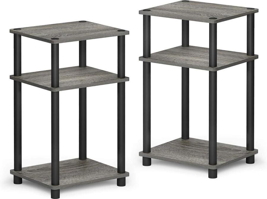 3-laags draai-N-buis nachtkastje met kunststof palen 2-pack Frans eiken grijs zwart Beside shelf - Foto 2