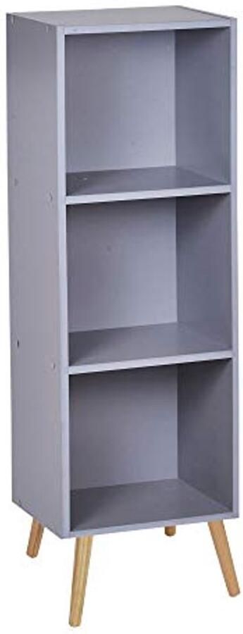 3-laags Houten Boekenkast in Scandinavische Stijl met Grijze Afwerking en Pine Poten