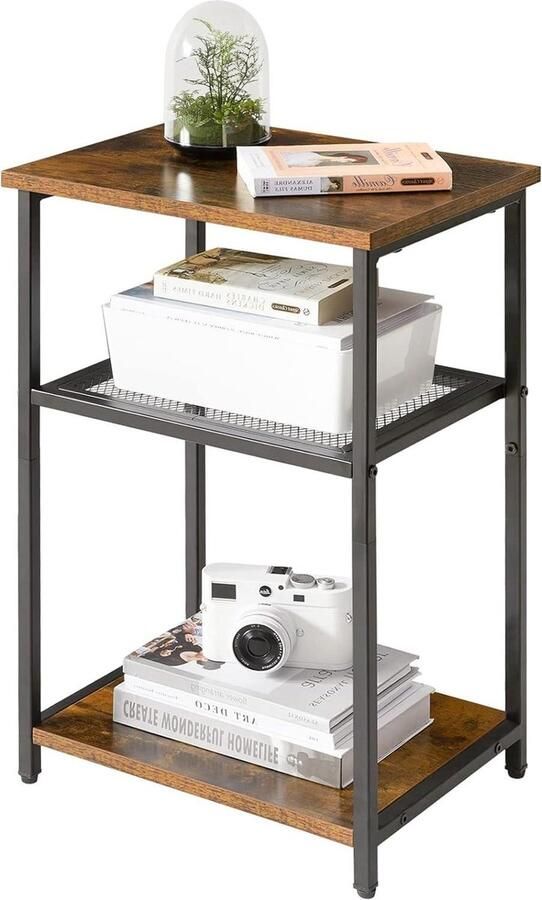 3-laags industrieel nachtkastje met opbergplank rustiek bruin voor slaapkamer en woonkamer
