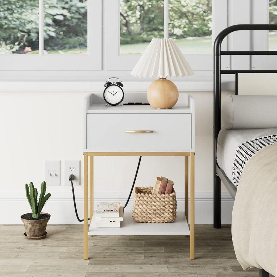 Nachtkastje 3-laags moderne bijzettafel klein nachtkastje bijzettafel met opberglade en plank voor slaapkamer woonkamer wit met gouden poot (modern outlet)