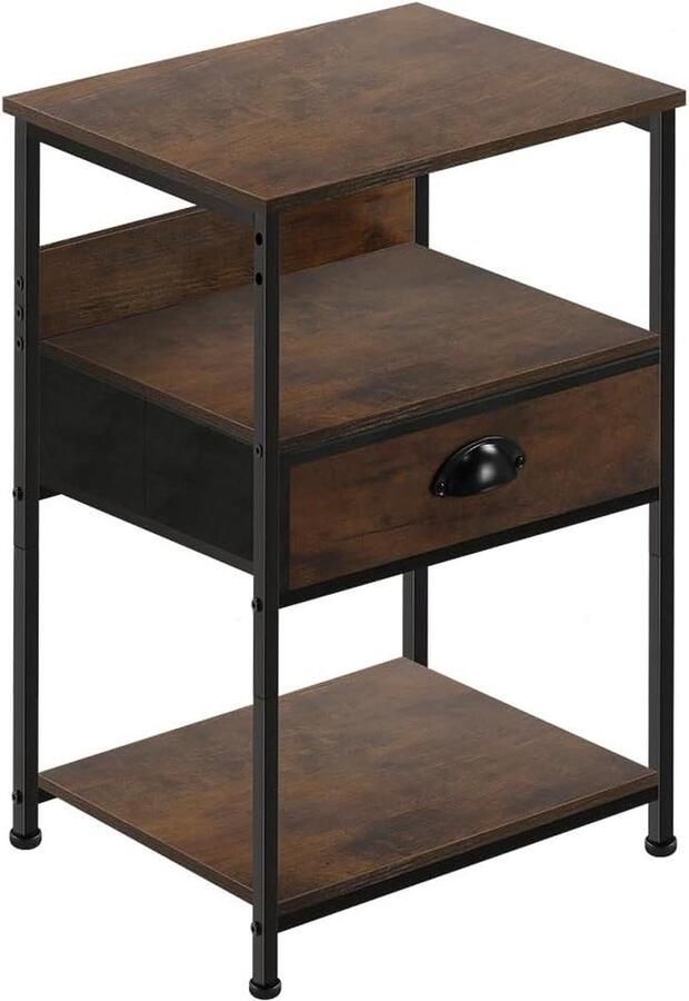 3-laags opslag Industrieel nachtkastje met laden perfect voor slaapkamer en woonkamer rustiek bruin