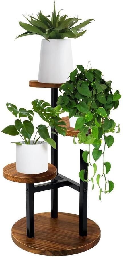 3-laags Plantenstandaard voor Binnen en Buiten Hoge Metalen Houten Plankhouder voor Hoek en Terras
