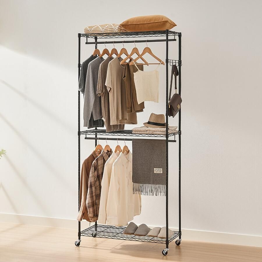 All Trendy Goods 3-laags rollend kledingrek kapstok kledingstangen 204 cm hoog stalen kledingrek 182 kg belastbare zware standaard voor slaapkamer wasruimte kleedkamer