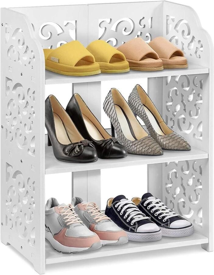 3-laags Schoenenrek PVC Schoenenkast Opslagkast voor Schoenen Modern Witrek met Holle Snedes Hal Schoenopberger