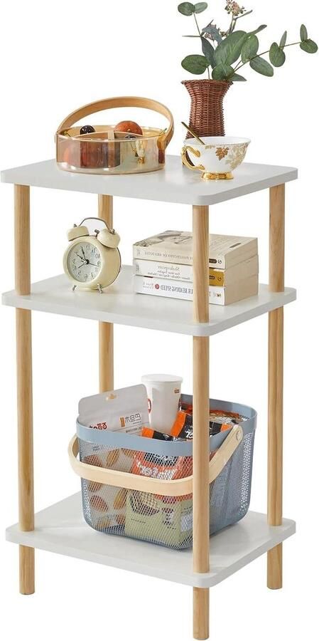 3-laags smalle bijzettafel met opbergplank nachtkastje voor kleine ruimtes slaapkamer woonkamer entree boerderij montage zonder gereedschap wit Nachtkastje